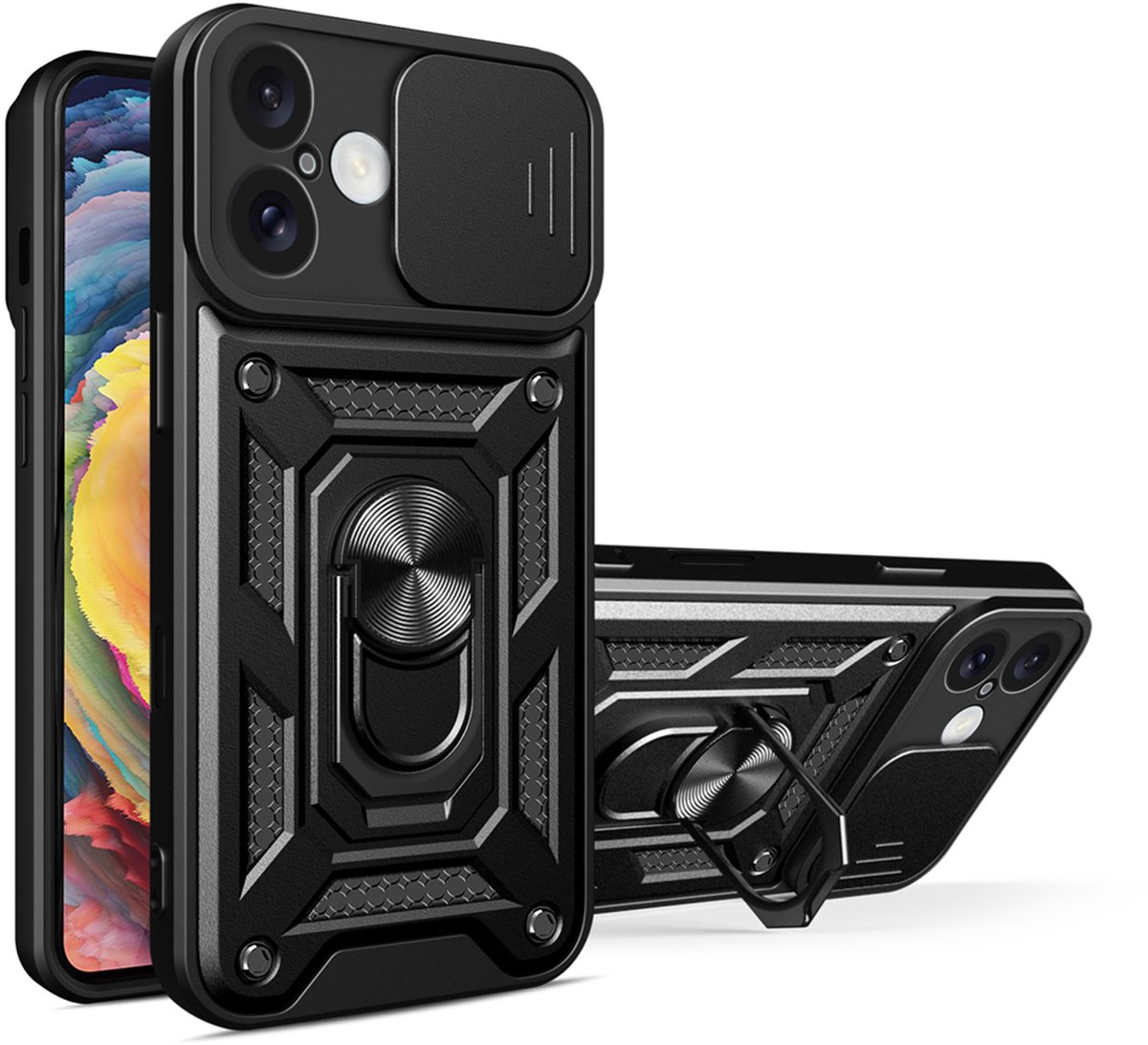 MobyDefend Hoesje - Geschikt voor iPhone 17 - Pantsercase Met Draaibare Ring - Zwart