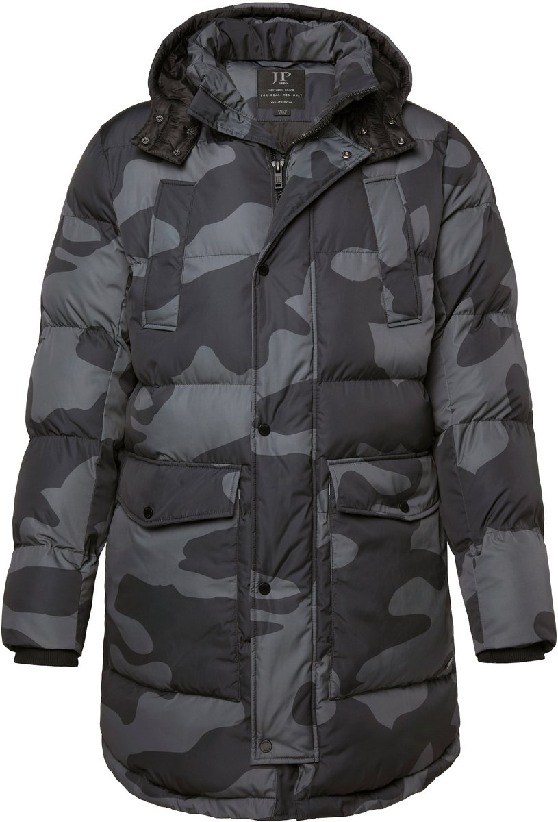 JP 1880 - Heren - Doorgestikte parka camouflage capuchon trekkoord in de taille - Zwart - Maat 7XL