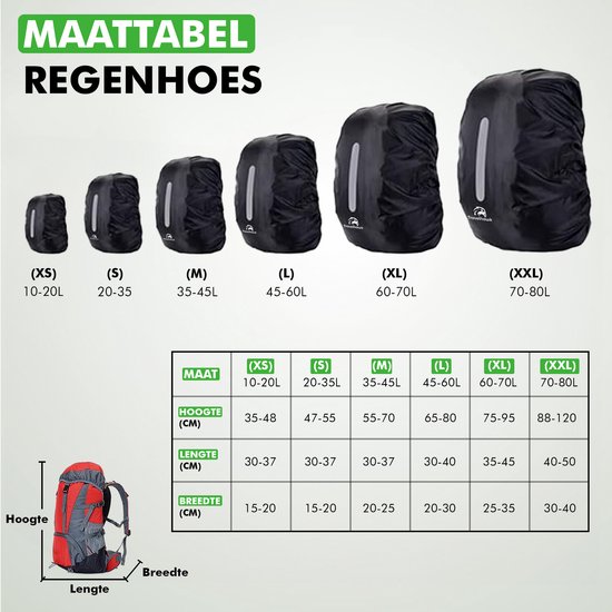 Maattabel regenhoezen rugzakken van XS (10-20L) tot XXL (70-80L). MATEN REGENHOES.