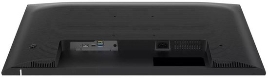 Achterkant van de monitor met poorten: HDMI, USB-C, USB-A, stroomaansluiting.