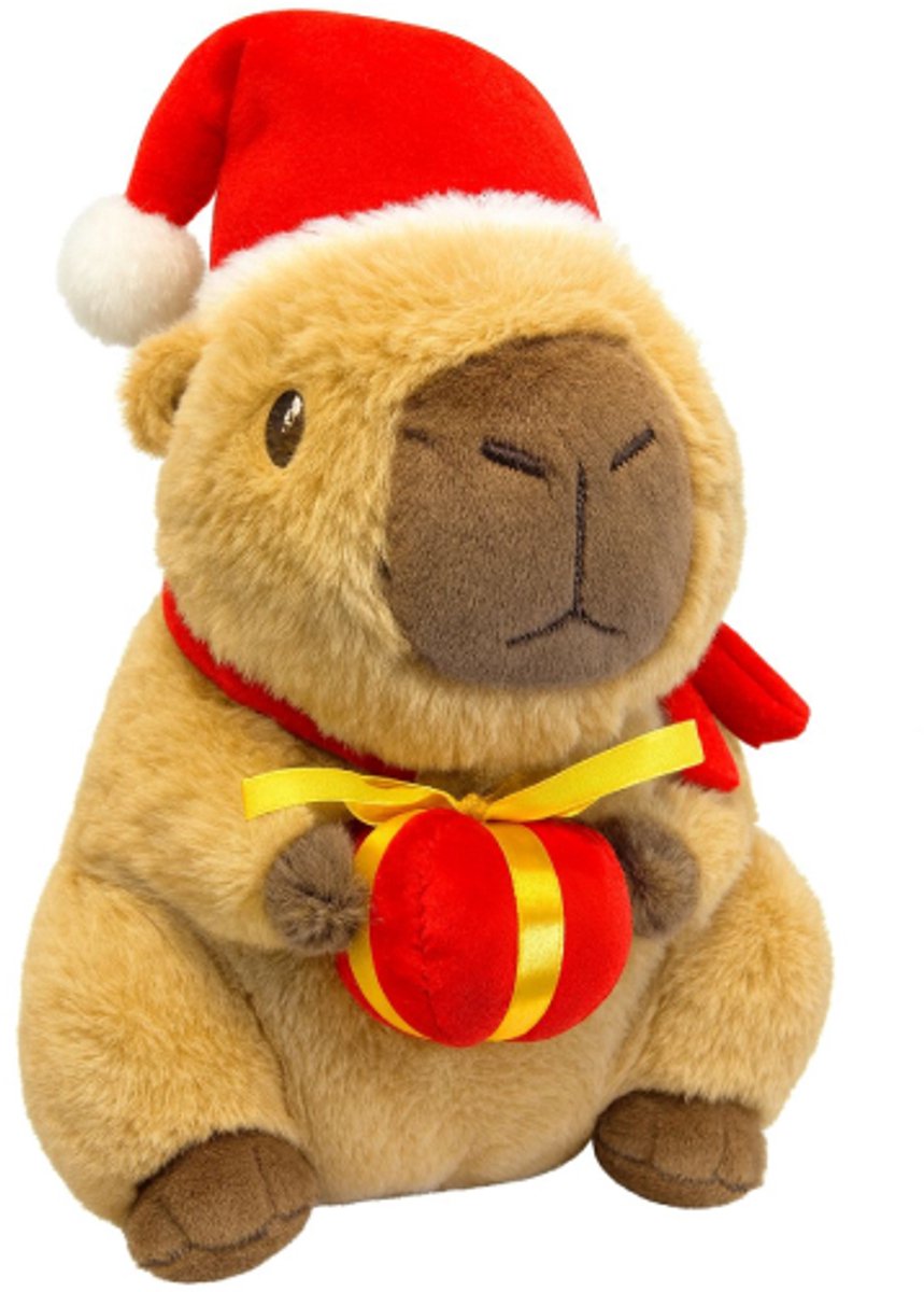 Capibara Kerstmuts en Cadeau Pluche Knuffel 26 cm - Capybara Knuffels Knuffeldier - Groot Bruin Knuffels Dierenknuffel - Kapibara Kapybara - Speelgoed Kawaii Kussen - TikTok Plush Toy - Kerst Christmas Feestdagen