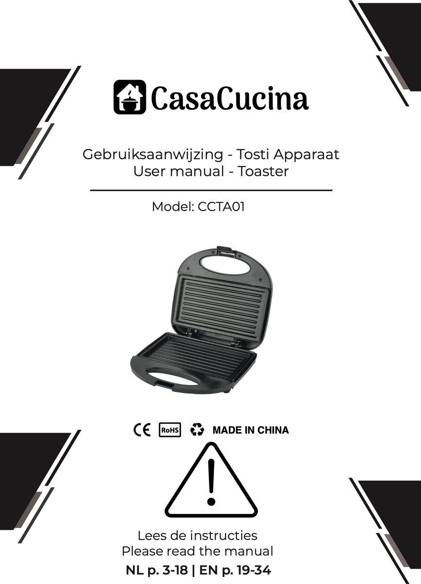 CasaCucina Tosti Apparaat - Panini Grill - 750W - 21.5cm x 12.5cm - PFAS Vrij - Zwart thumbnail 7