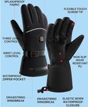 Zwarte, waterafstotende handschoenen met rode markeringen die details aangeven zoals "Splashproof Fabric" en "Flexible Touch Screen Tip".
