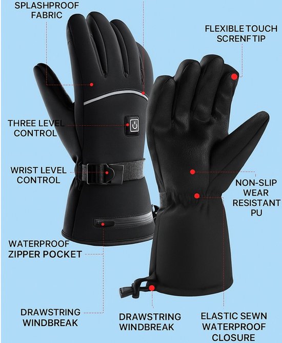 Zwarte, waterafstotende handschoenen met rode markeringen die details aangeven zoals "Splashproof Fabric" en "Flexible Touch Screen Tip".
