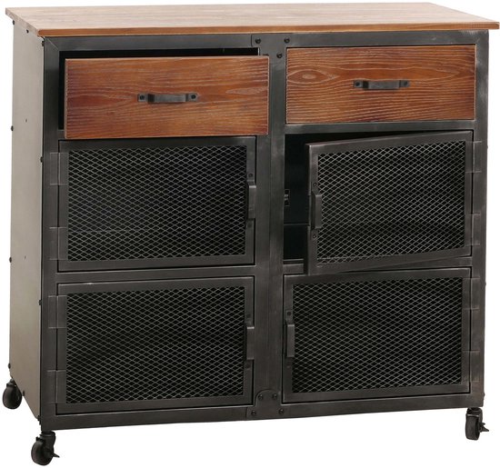 Commode MCW-N28, armoire, roulettes 2 tiroirs, structure 3D industriel rétro métal bois 90x100x40cm ~ noir, marron
