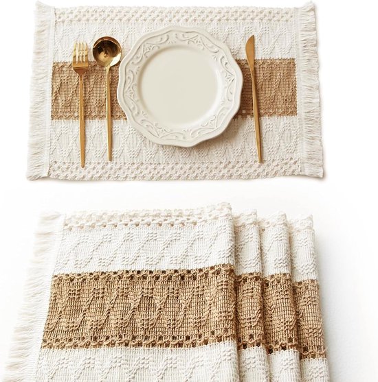 Set de 4 sets de table en coton naturel et lin - 30x50cm au style bohème - Lavables avec pompons - Convient comme protection de table (marron et blanc)