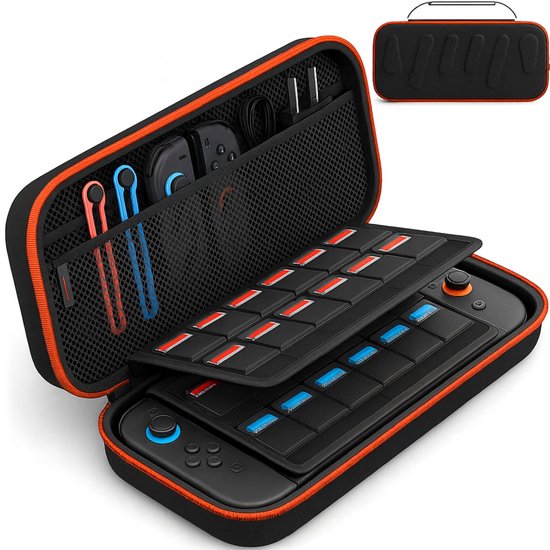 Sounix Case Geschikt voor Nintendo Switch 2 - Met opbergvak voor 24 games - Extra hoog Hoesje - Waterdicht en schokbestendig - Zwart/Oranje