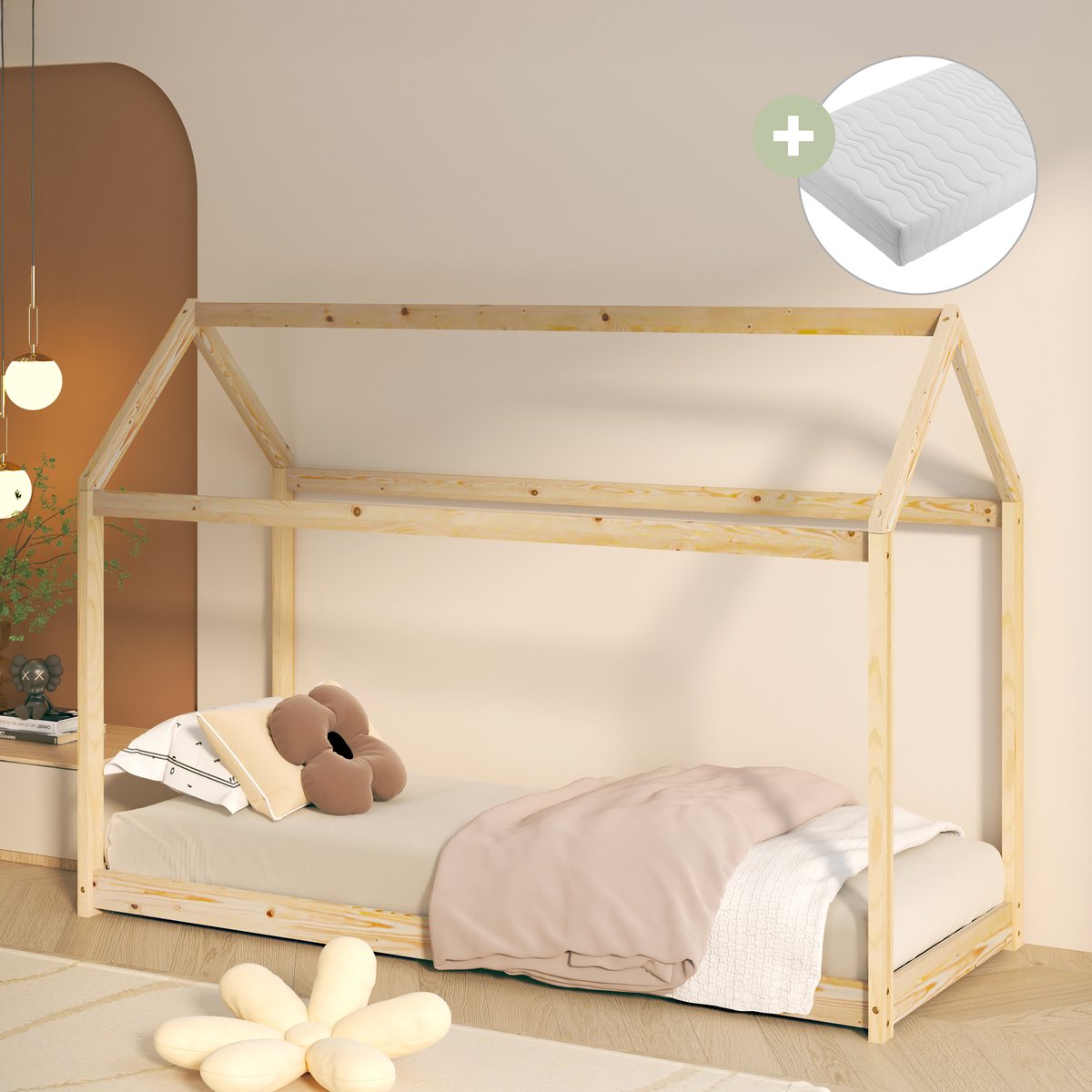 Sunny Zoey Bedhuisje – Kinderbed 206 x 98 x 154 cm – Peuterbed Meisjes en Jongens – FSC 100% Hout – Huisbed 90x200 - Met Lattenbodem - Inclusief Matras – Naturel