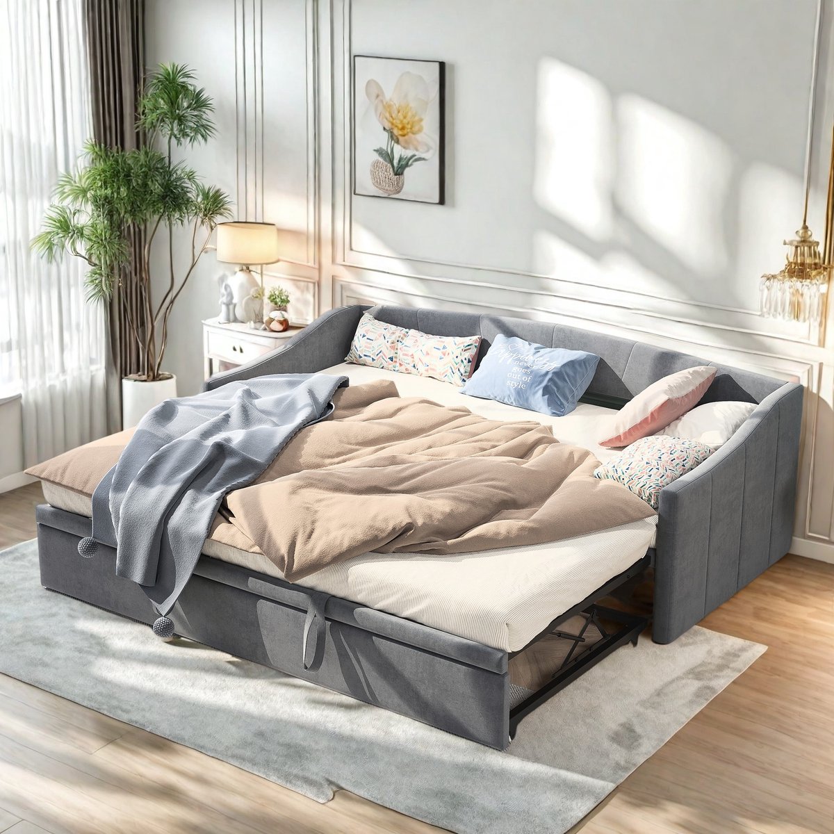 DAY Beds 90/180 x 200 cm, 2-in-1 opvouwbare slaapbank, uitschuifbare bank, gestoffeerd eenpersoonsbed, slaapbank met uitschuifbaar bed, grijs, fluweel, zonder matras (wordt in twee pakketten geleverd)