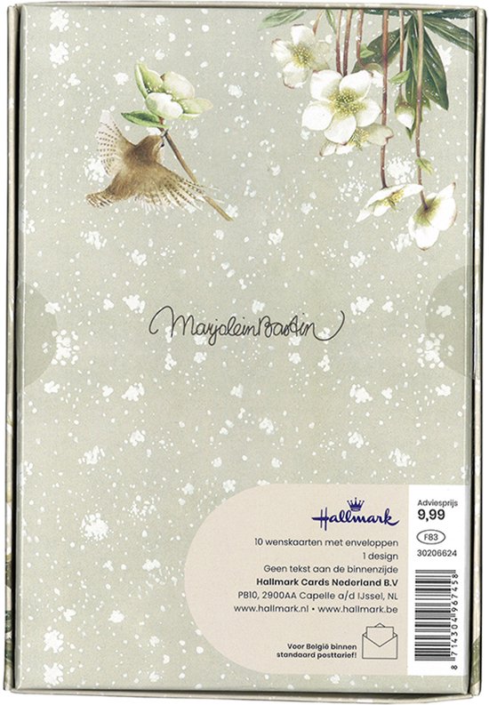 Kaarten met een bruin vogel die bloemen draagt en een winterse achtergrond. Tekst: Marjolein Bastin.