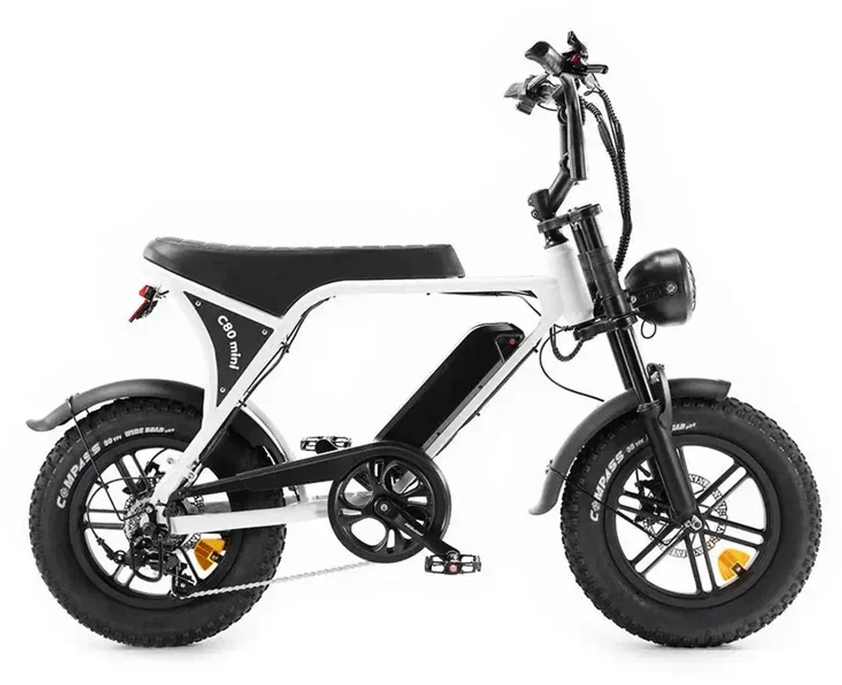 OUXI C80 Mini Fatbike - Ingebouwd Alarmsysteem - Inclusief Voetsteuntjes - 16 Inch - 250W Motor - 7 Versnellingen - 50 km Actieradius -Hydraulische Schijfremmen - Wit - OUXI - €825,00