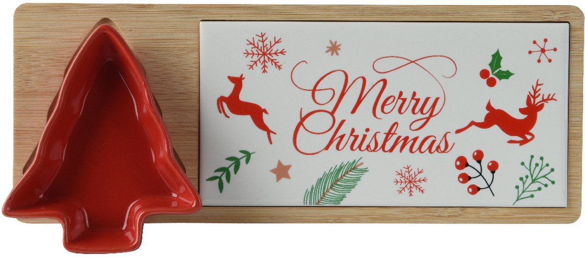 Decoris - Serveerplank Kerstboom met Rood Schaaltje - Merry Christmas - Keramiek FSC - 12 x 30cm