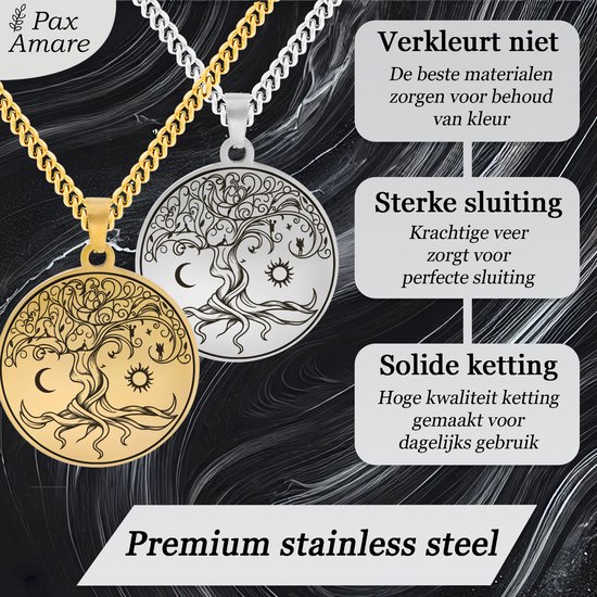Twee ronde hangers, één zilverkleurig en één goudkleurig, met de levensboom. De zilverkleurige hanger is afgebeeld op een zwarte achtergrond, de goudkleurige hangt aan een gouden ketting.