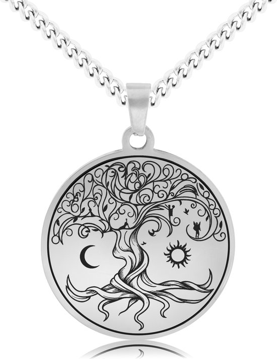 Zilverkleurige ronde hanger met de levensboom, zon, maan en sterren. De hanger zit aan een zilverkleurige ketting.