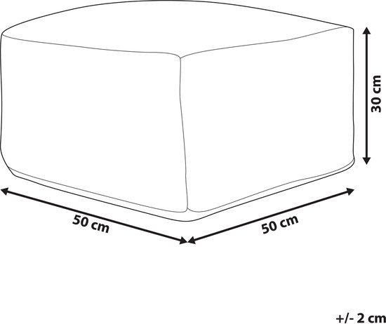 Schematische tekening van een bruine poef met afmetingen 50 x 50 x 30 cm.