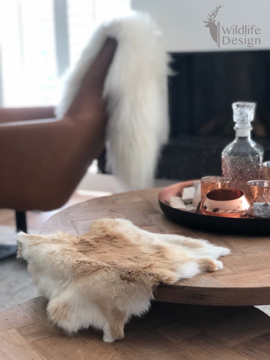 SET VAN 5 beige konijnenvachtjes - 5 vachtjes konijnenvel cognac - velletje tafel - dierenvel dierenhuid salontafel - decoratie dierenvel deco