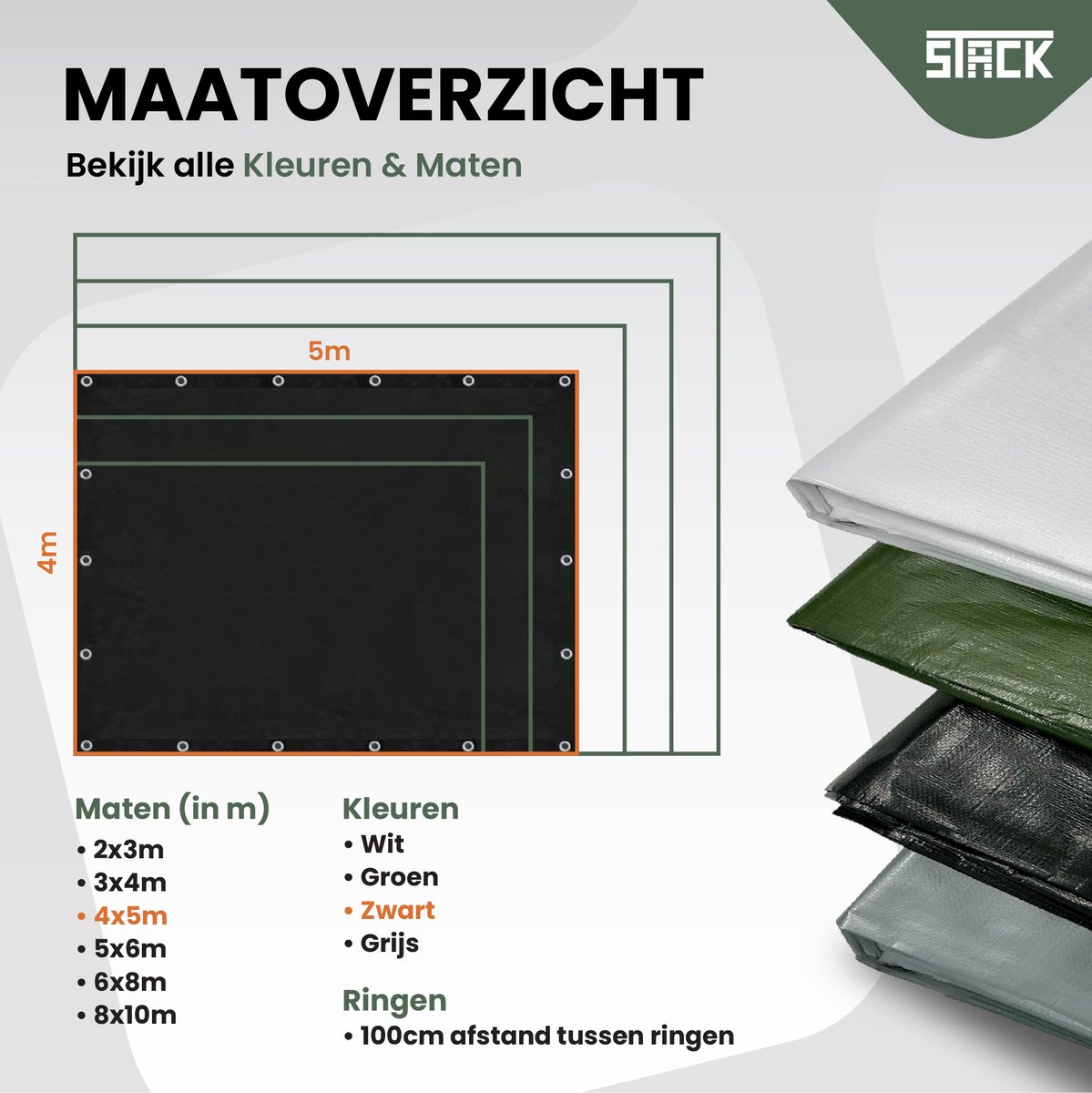 STACK® Extra Sterk Afdekzeil - 4x5m - Zwart - 150G/M2 - Waterdicht Bouwzeil & Zeildoek - Zeil Met Ringen - Beschermhoes & Afdekhoes voor Zwembad,Tuin Set,Motor,Scooter,Fietsen,Aanhangwagen,Scootmobiel,BBQ accesoires - Auto Hoes Bescherming — afbeelding 6