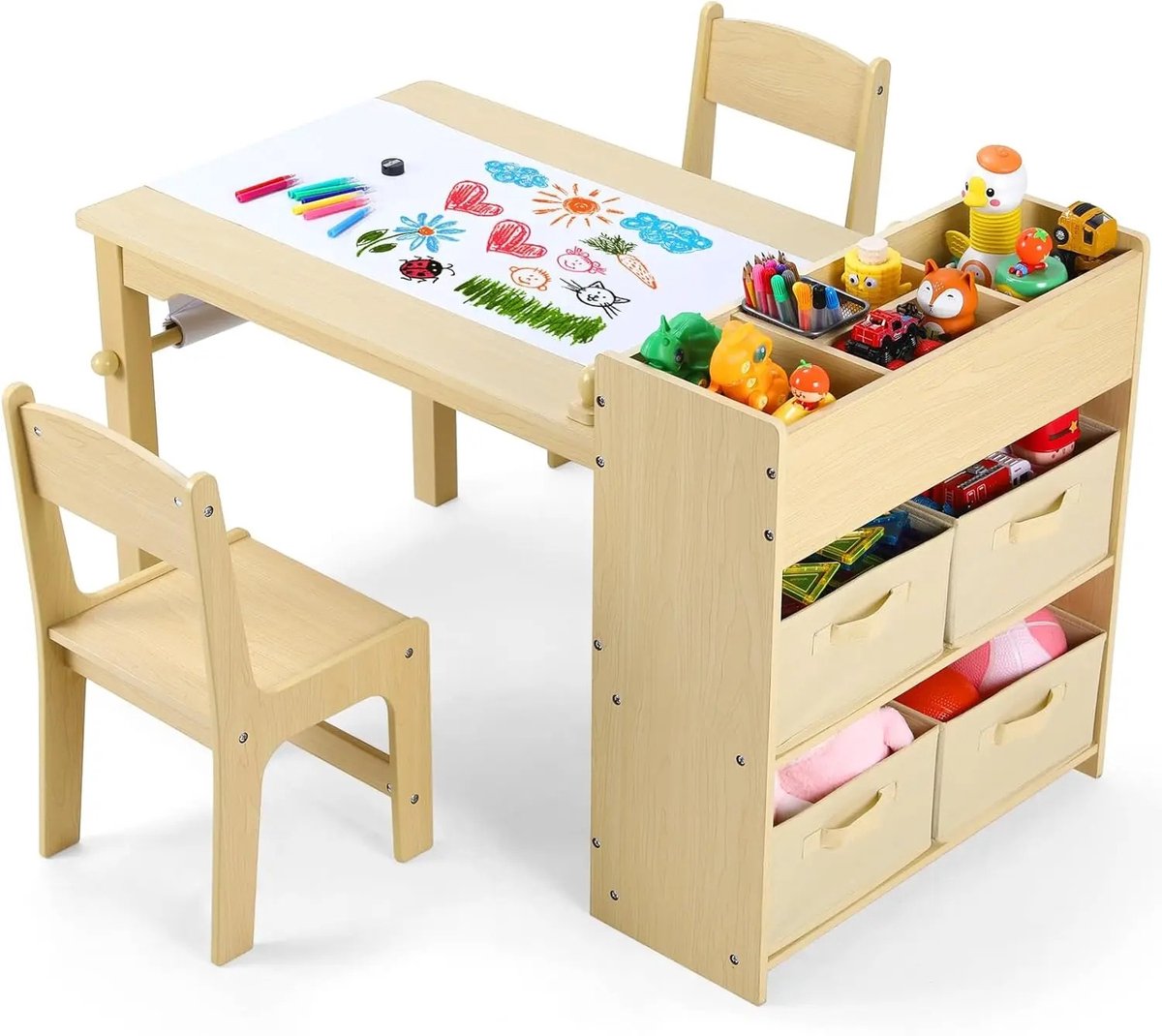 NaevaMi Kindertafel - Knutseltafel Kinderen - Kinder Bureau - Speelkamer - Hobbytafel - Tekentafel Kinderen - Hout - 2 Stoelen - Met Opbergplanken - 103×56×64cm