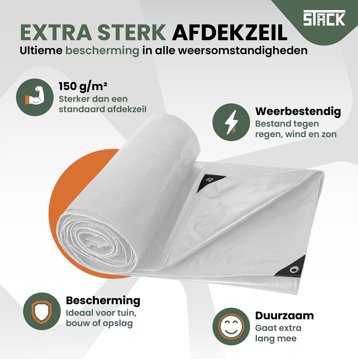 STACK® Extra Sterk Afdekzeil - 5x6m - Wit - 150G/M2 - Waterdicht Bouwzeil & Zeildoek - Zeil Met Ringen - Beschermhoes & Afdekhoes voor Zwembad,Tuin Set,Motor,Scooter,Fietsen,Aanhangwagen,Scootmobiel,BBQ accesoires - Auto Hoes Bescherming — afbeelding 2