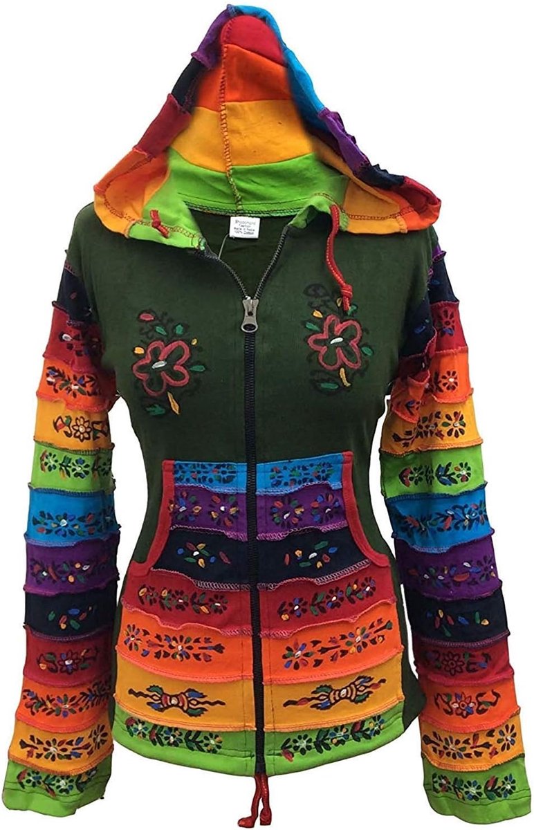 Mode Dames Patchwork Pixie Capuchon Regenboog Patroon Jas
