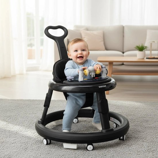 Zwarte Deryan loopstoel met een lachende baby erin, met speelgoedjes op het paneel.