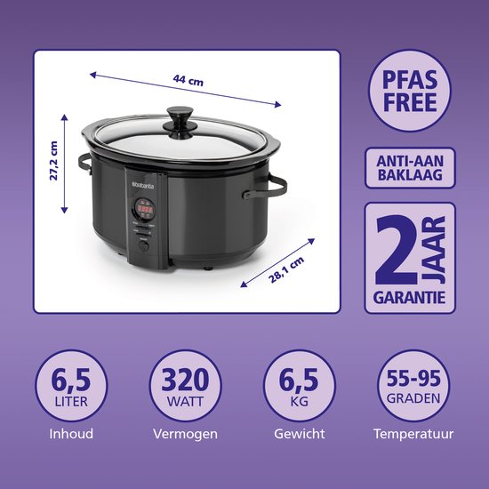 Brabantia Slowcooker - 6.5 Liter - 320 Watt - Warmhoudfunctie - Keramische Binnenpan - Zwart - BBEK1083MB