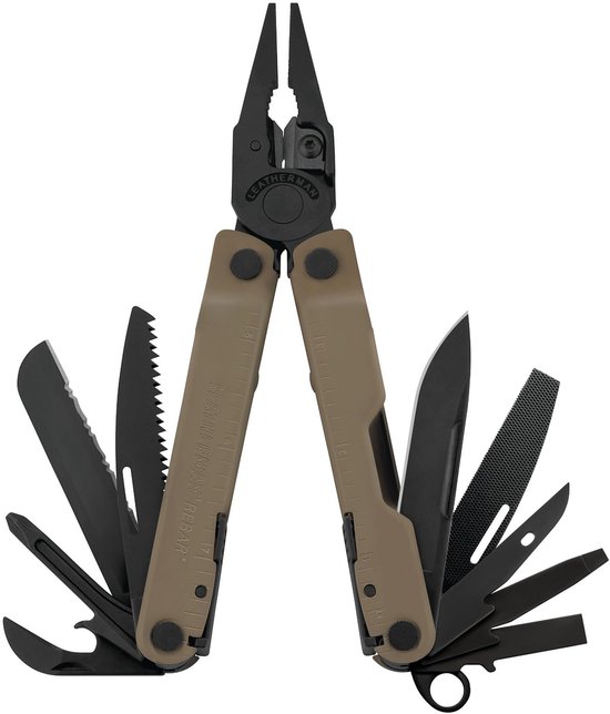 Leatherman Rebar multi-tool met bruine handgrepen en uitgeklapte zwarte gereedschappen, inclusief een schroevendraaier, zaag en mes.