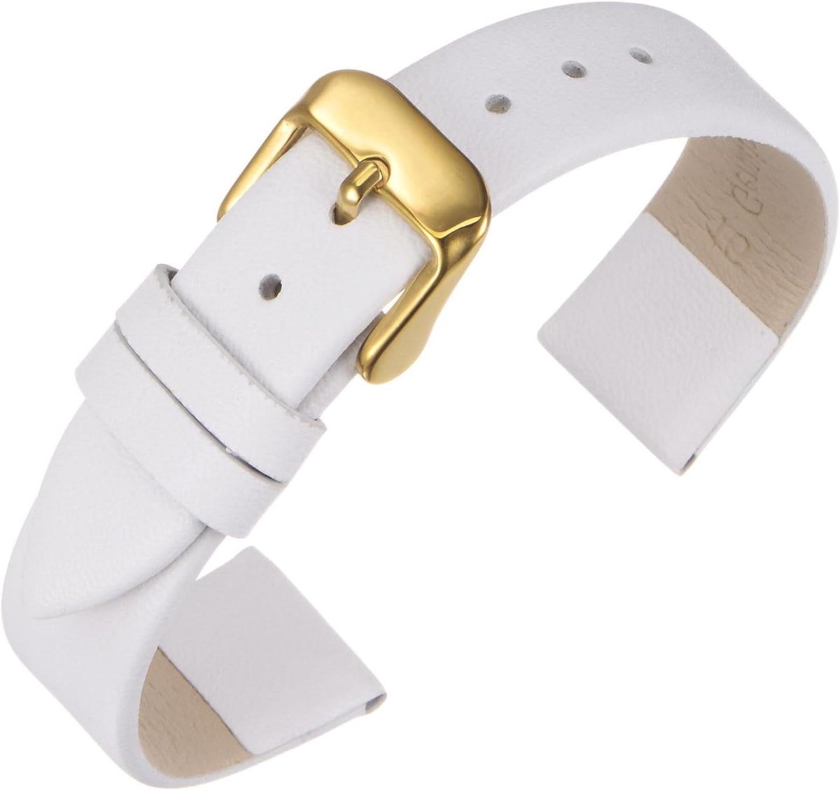 Allecto plus - Echt leren horlogebandje van 14 mm breed, plat en elegant, met gouden gesp - Unisex - Wit met strepen