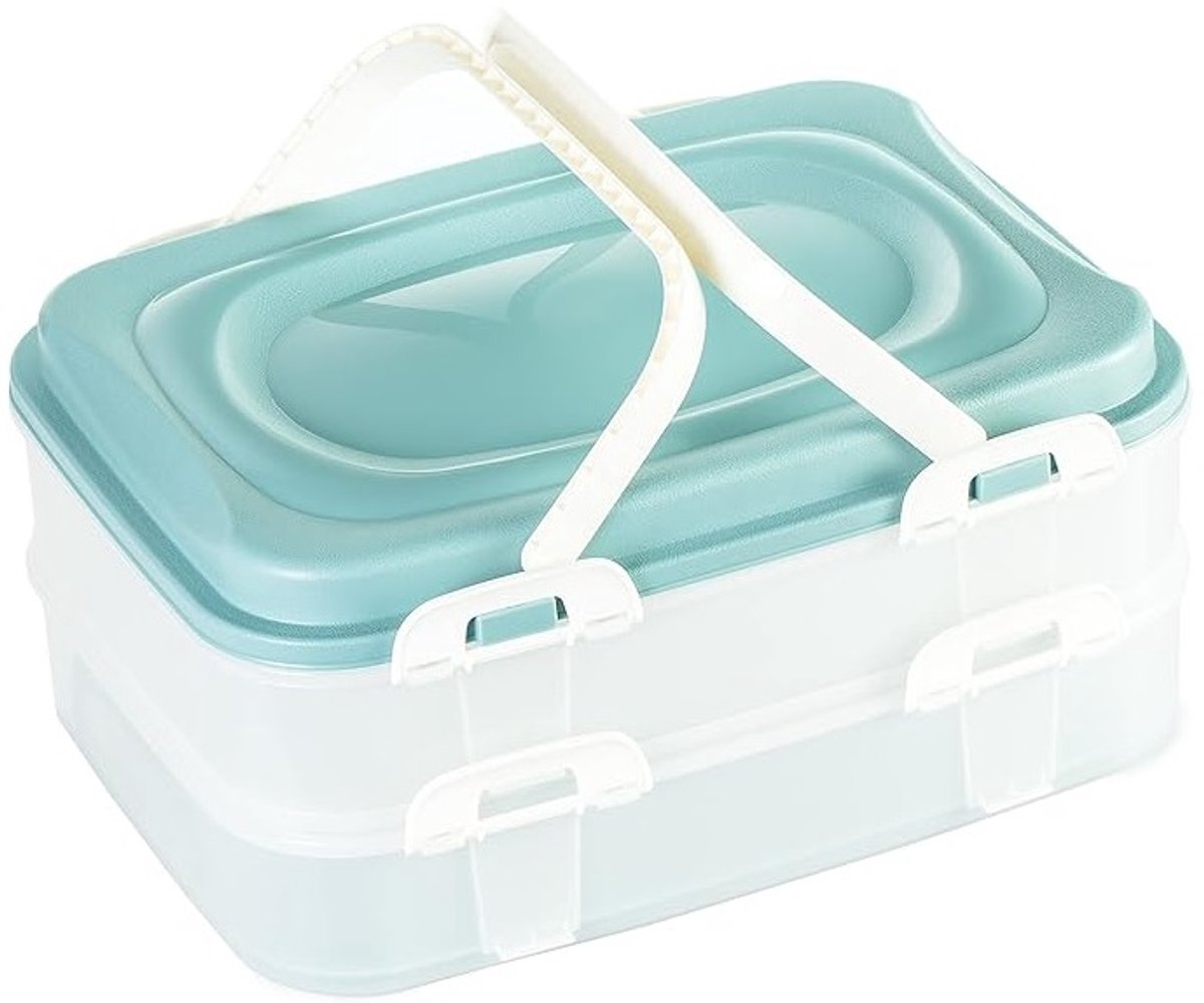 Taarthouder Voedsel Transportbox XL Partycontainer met 2 bodems en inklapbare handgrepen 2 x 7 Liter kleur groen
