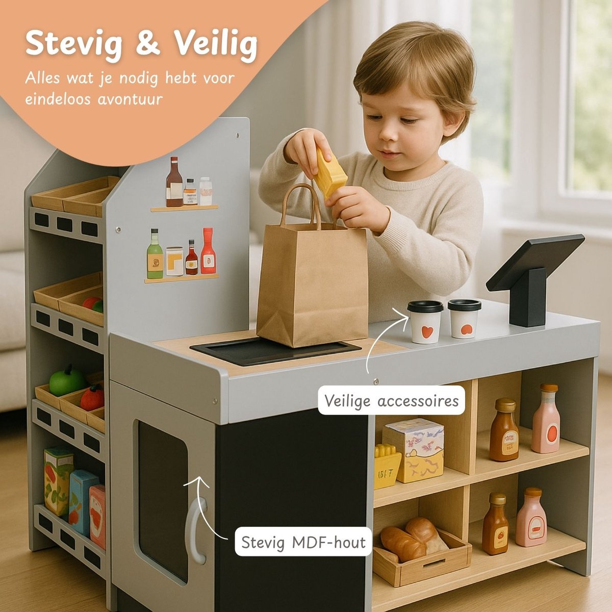 Maxx Kidz Houten Speelgoed Winkeltje – Supermarkt met 56 Accessoires – Inclusief Kassa, Groente, Fruit & Meer – Inclusief hoek – Houten Winkel vanaf 3 Jaar — afbeelding 4