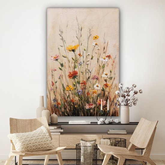 Canvas schilderij 120x180 cm - Exclusieve wanddecoratie Wilde bloemen - Penseelstreken - Rustgevend - Muurdecoratie woonkamer - Slaapkamer decoratie - Kamer accessoires - Schilderijen op canvas