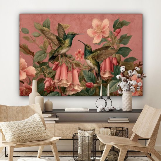 Tableau sur toile 120x80 cm - Décoration murale Colibris - Fleurs - Vert - Rose - Décoration murale salon - Décoration chambre - Accessoires chambre - Peintures sur toile