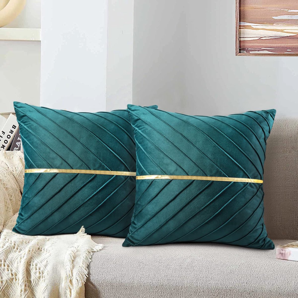 Azomor® Set van 2 stijlvolle groene kussenhoezen van zacht fluweel voor huisdecoratie