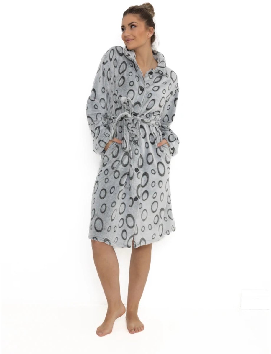 Cocodream dames badjas - fleece - met knopen - maat M - Cirkels - grijs