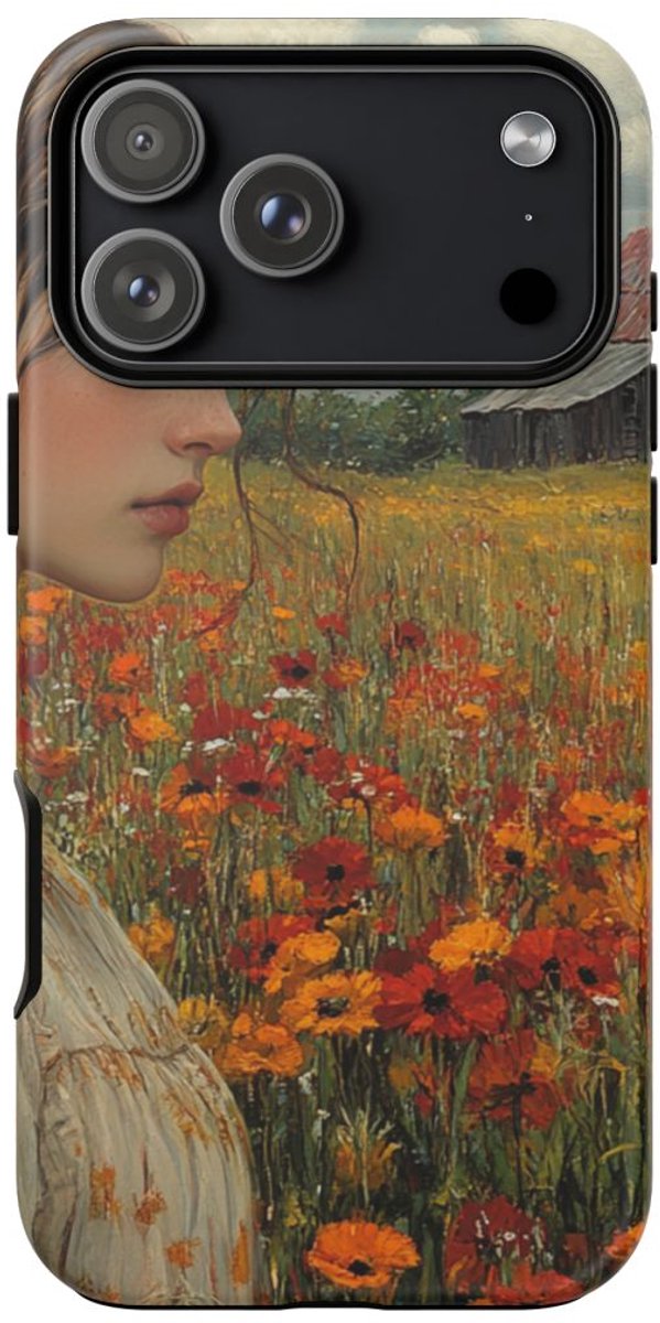 Vrouw in Bloemenveld met Oude Schuur – Telefoonhoesje Geschikt voor iPhone 17 Pro Max