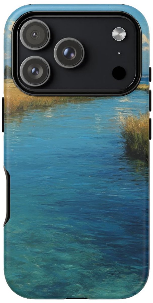 Blauwe Lagune en Gouden Graslandschap – Telefoonhoesje Geschikt voor iPhone 17 Pro