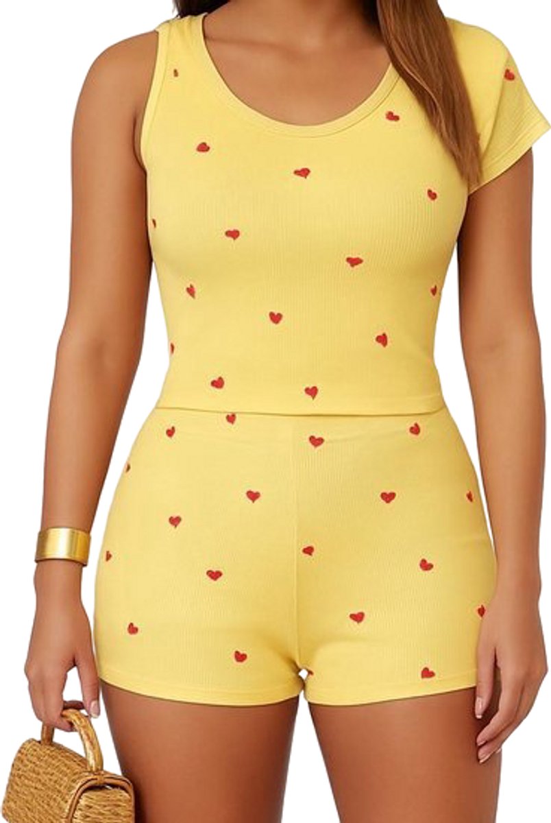 Lounge Set Dames - Korte Broek en Topje - Shirt - Geel - Hartjes - Zomer