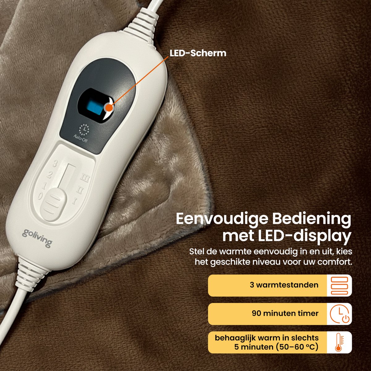Goliving Elektrische Fleece Plaid - Warmtedeken - Verwarmende Fleecedeken - Elektrische Deken - 3 Warmtestanden - Machinewasbaar - 120 Watt - 2.5 Meter Snoer - Sherpa Flanel - 160 x 120 cm - Bruin – foto 3