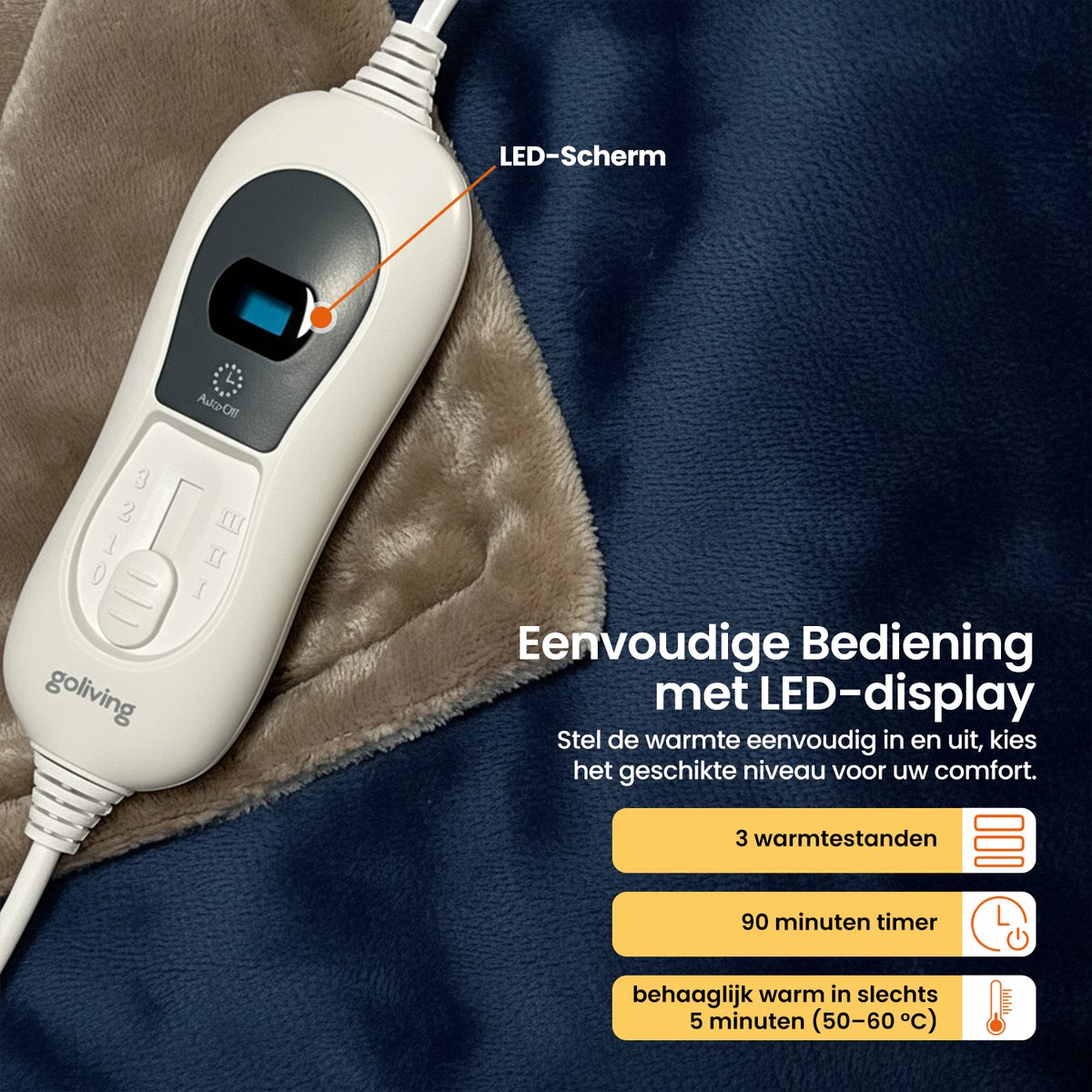 Goliving Elektrische Fleece Plaid - Warmtedeken - Verwarmende Fleecedeken - Elektrische Deken - 3 Warmtestanden - Machinewasbaar - 120 Watt - 2.5 Meter Snoer - Sherpa Flanel - 160 x 120 cm - Blauw – foto 5