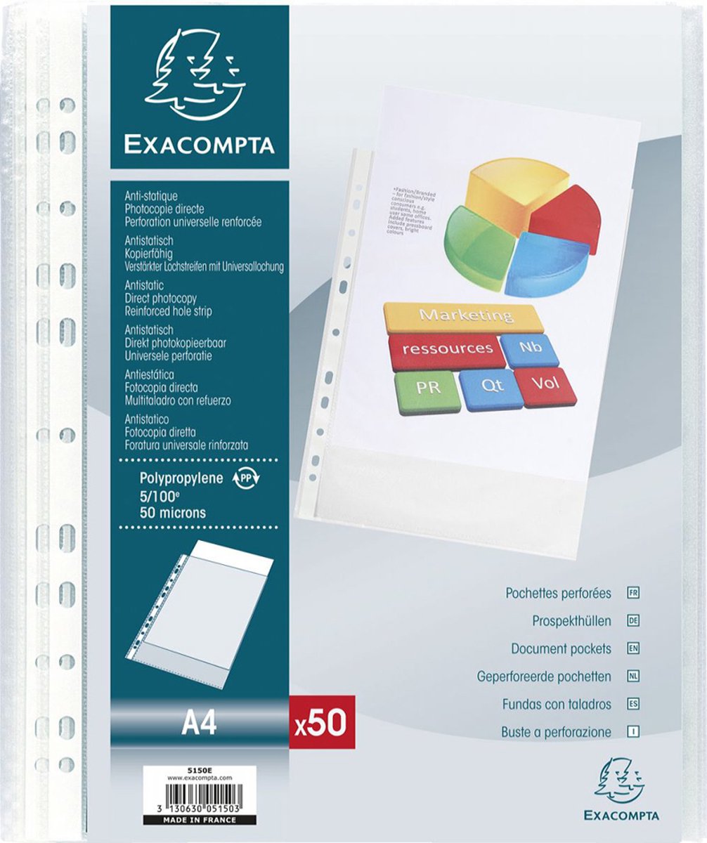 Exacompta Pak van 100 geperforeerde showtassen - gekorrelde PP 5/100ste - A4 - Transparant - 5100E