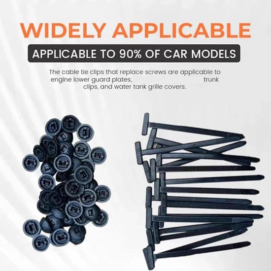 Zwarte nylon kabelbinders en gespen met de tekst 'WIDELY APPLICABLE'.