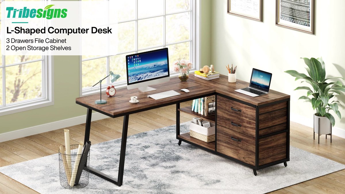 Tribesigns L-vormig Bureau - Computerbureau met 3 Lades - Omkeerbaar Hoekbureau met Planken