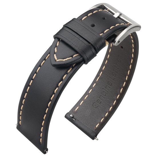 Bracelet de montre en cuir de veau noir avec coutures beiges, courbé et avec boucle.