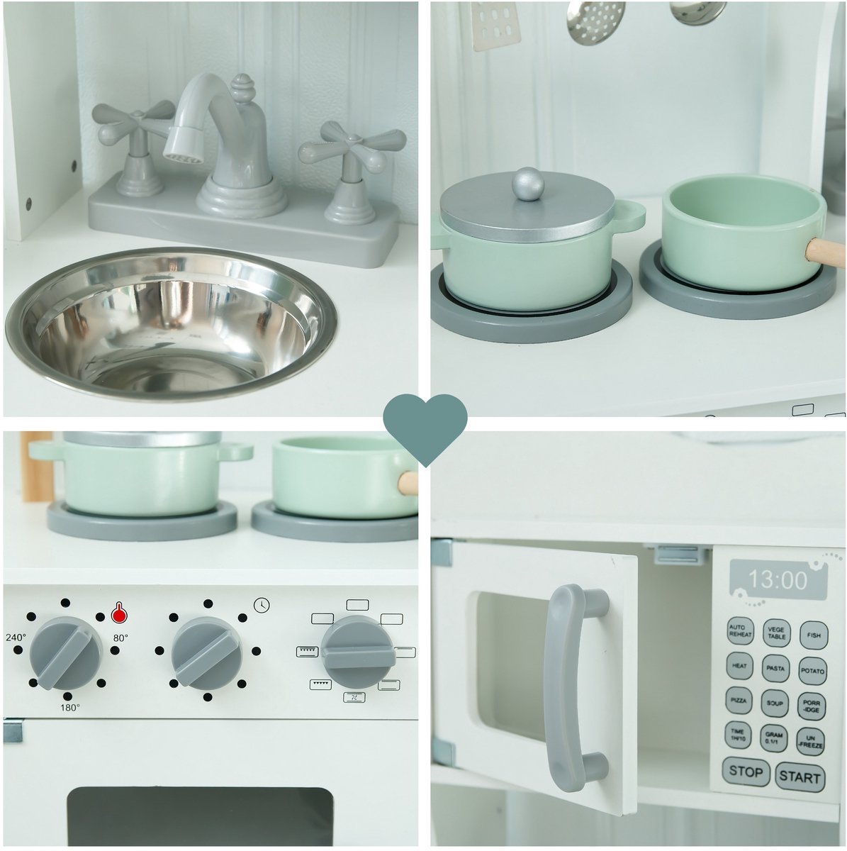 Mamabrum Montessori Houten keuken voor kinderen, 3 jaar – magnetron, oven, gootsteen en accessoires inbegrepen – robuust, veilig, leerzaam, natuurlijke kleuren, duurzaam creatief spel — afbeelding 2