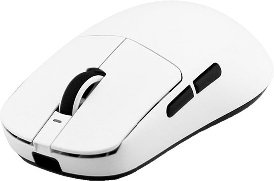 Witte draadloze muis met zwarte scrollwiel en twee zwarte zijtoetsen.