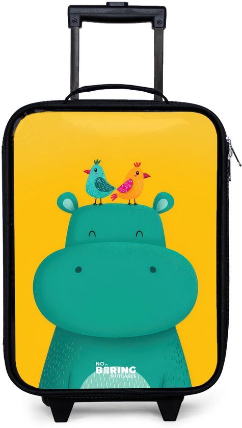 NoBoringSuitcases.com® - Valise enfant - Valise trolley enfant pour garçons et filles - Hippopotame Blauw sur fond jaune - Valise légère pour enfants - Valise trolley de voyage pour enfants - Valise à roulettes lumineuses - Valise trolley noire