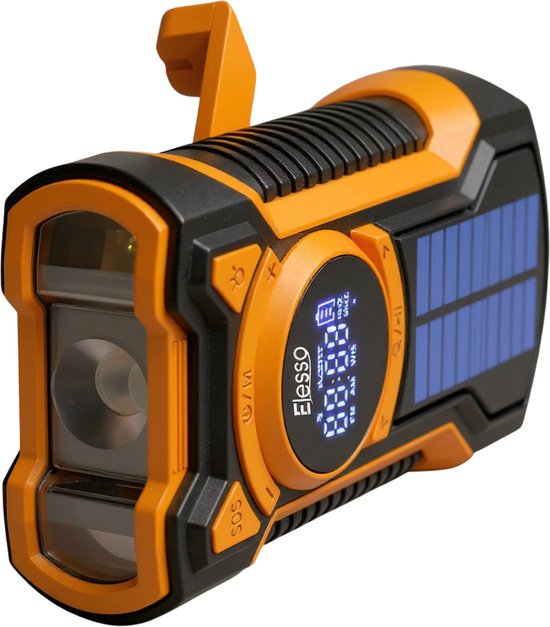 Elesso® Noodradio - Met Bluetooth - 2025 verbeterde versie - Solar Opwindbaar - Solar Powerbank Zonneenergie - Draagbare Radio op batterijen - Zaklamp led oplaadbaar - Survival Noodpakket - Oranje