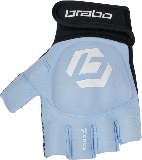 Gant sans doigts Brabo Force bleu clair avec logos blancs et détails de grip noirs.