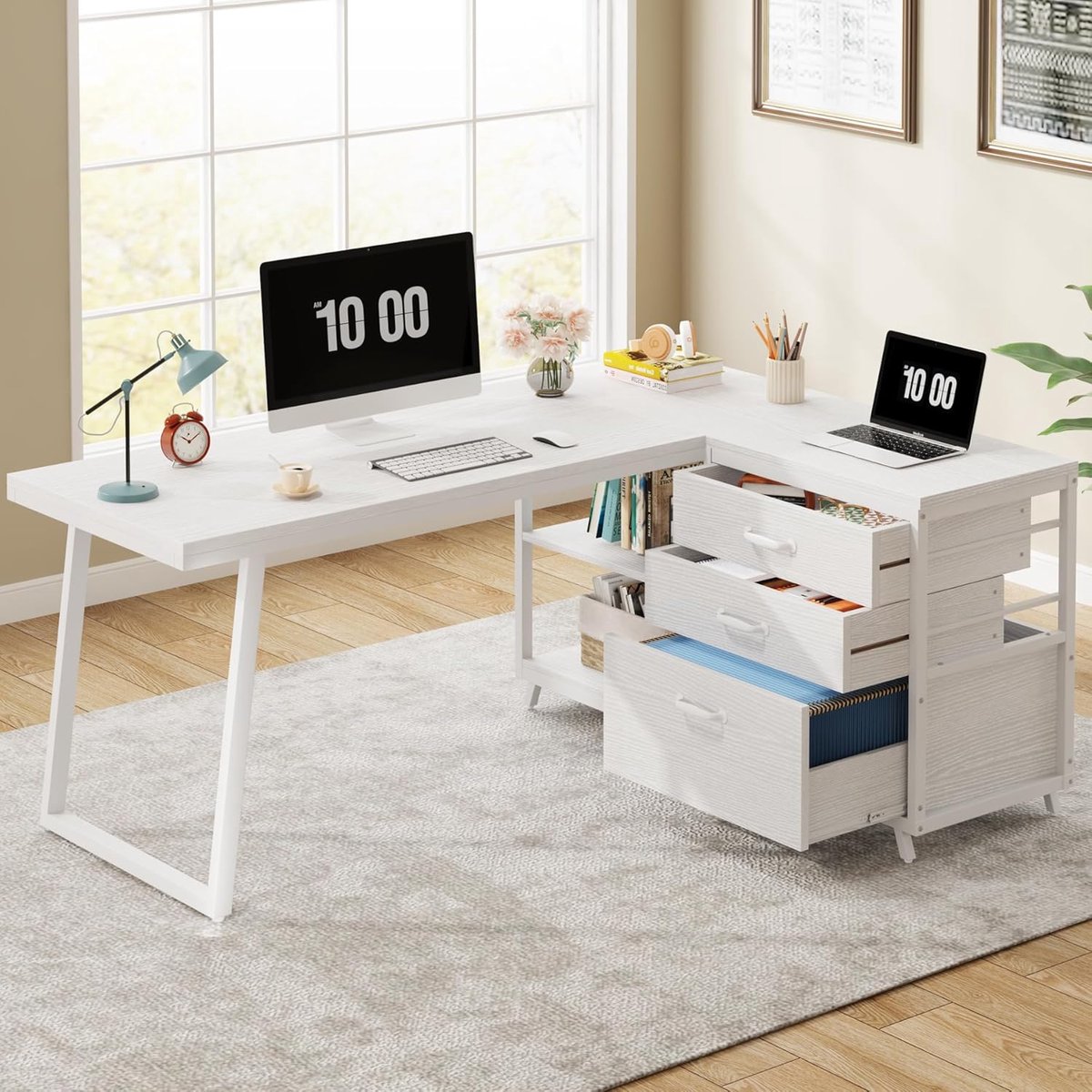 Tribesigns L-vormig Computerbureau - Bureau met 3 Lades - Omkeerbaar Hoekbureau met Planken - Computerbureau Houten Tafel voor Studeerkamer, Schrijftafel, Werkplek - 135 x 100 x 75 cm - Wit