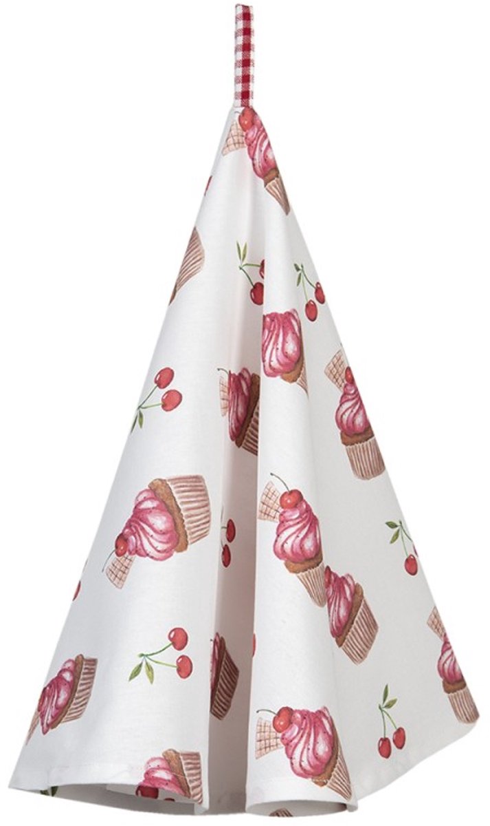 Clayre & Eef Theedoek Ø 80 cm Rood Wit Katoen Cupcakes